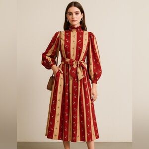 Vintage Executive Long Sleeve Red and Tan Floral Dress